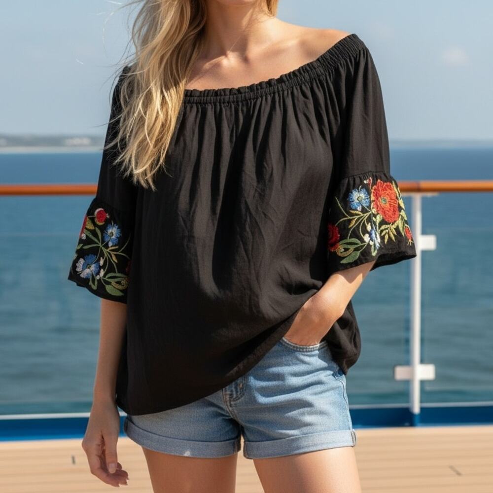 Women's Chic Black Blouse Off-Shoulder Elegant Floral Embroidery Design, Size M